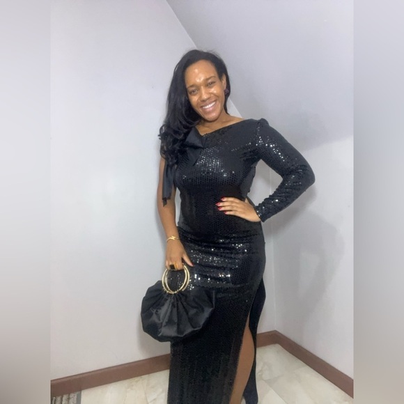 Vintage black sequin long dress one shoulder evening gown cocktail party gala - Picture 8 of 12